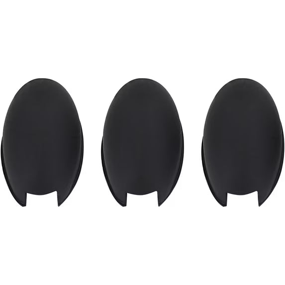 Three black, oval-shaped objects with notched openings at the bottom, arranged in a row against a white background—these are the Saxophone Side Key Risers 3 pack, ergonomic saxophone accessories designed to enhance playing comfort.