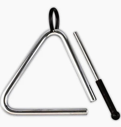 The Toca T2509 Bossa Triangle with Striker features a metal triangle percussion instrument with a black top loop and a separate metal striker that has a black handle, both set against a white background—ideal for bringing genuine Brazilian rhythms to your concert percussion ensemble.