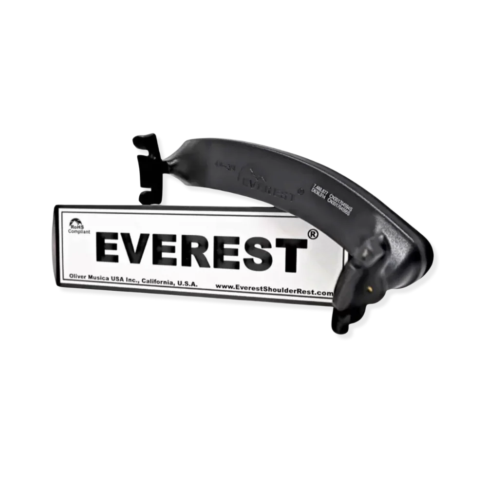 A black Everest Violin Shoulder Rest, renowned for its ergonomic design, rests atop a white box labeled "EVEREST," featuring manufacturer details and website information.