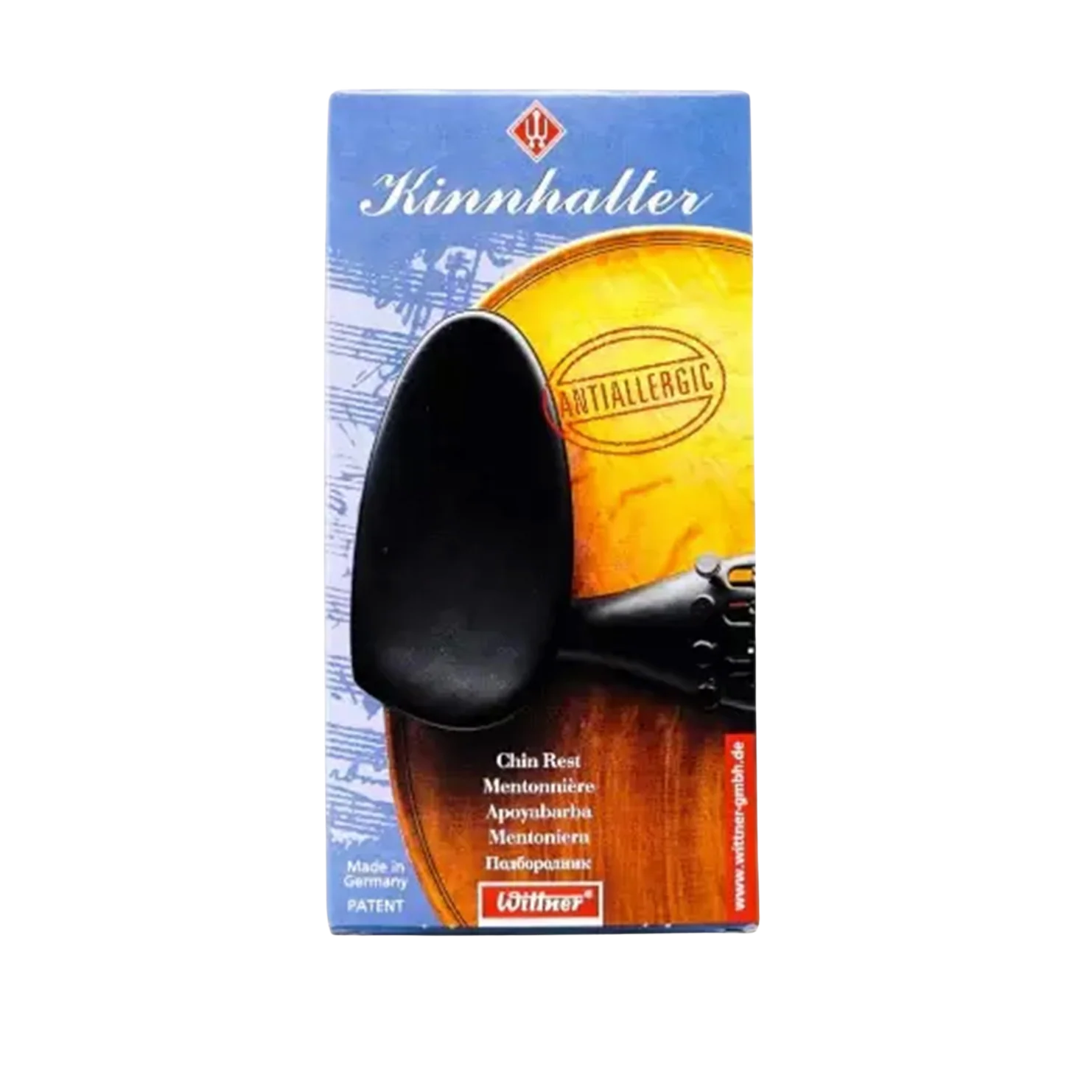 A Kinnhalter Chin Rest Side Mount for Violin 4/4 box with a black antiallergic chin rest securely clamped, displayed against a backdrop of a violin and musical notes.
