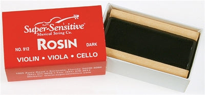 A box of Super-Sensitive Rosin for Violin / Viola / Cello with the lid open, displaying the black rectangular rosin inside.