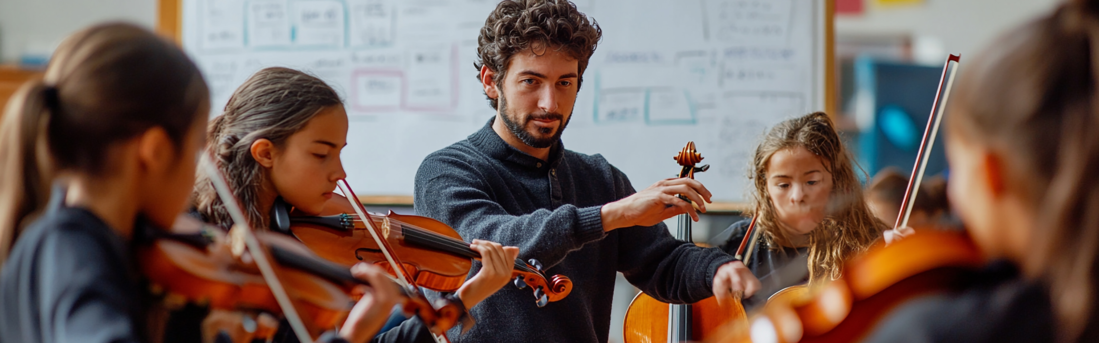 A music teacher demonstrates violin technique to a group of focused young students playing string instruments in a classroom with a whiteboard in the background.