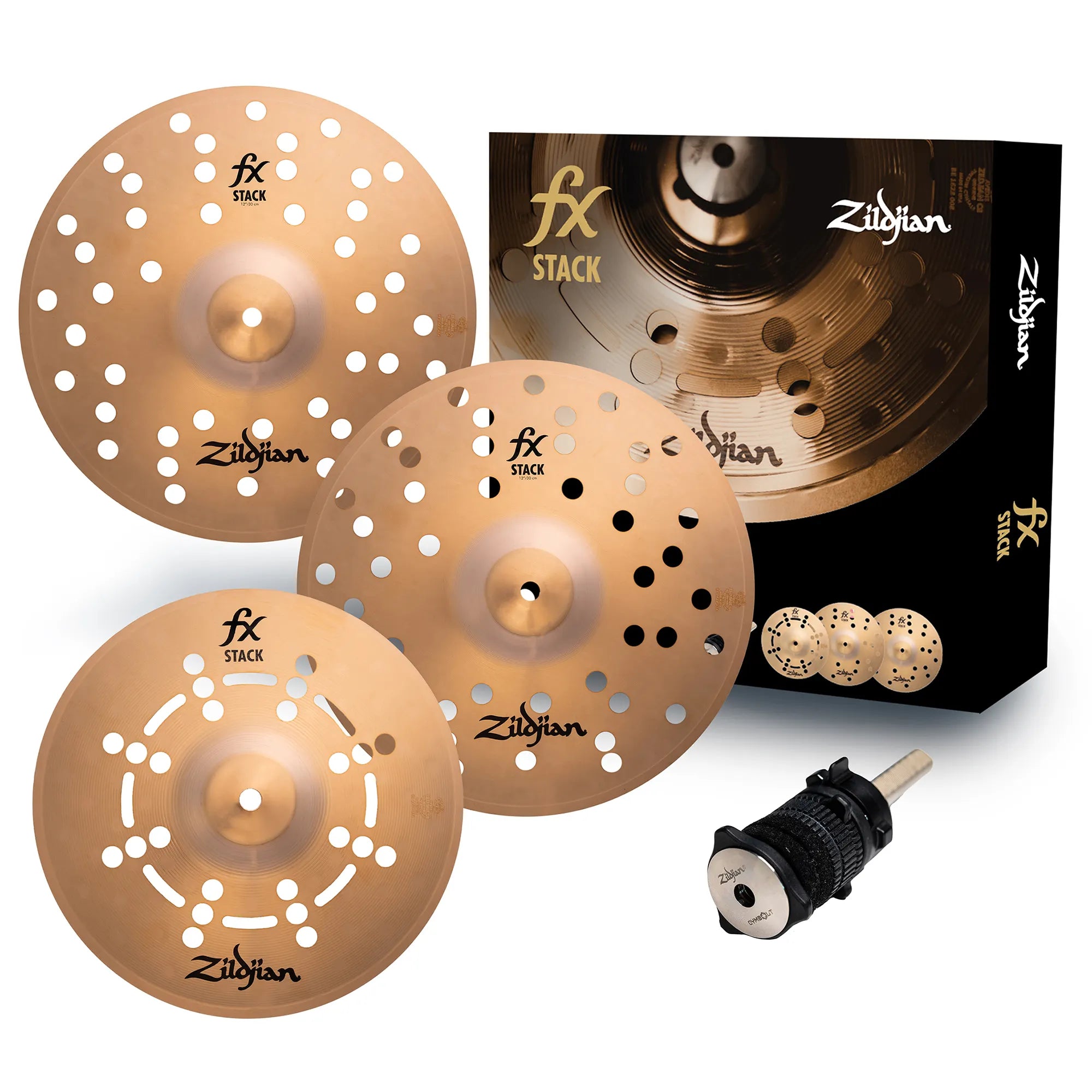 A Zildjian FXSTK12 FX Stacks 12″ Cymbal Pair, featuring bronze-colored cymbals with various hole patterns, is displayed alongside a black and silver stack mount. In the background, a Zildjian FX Stacks box is visible, and all items are arranged on a white surface.